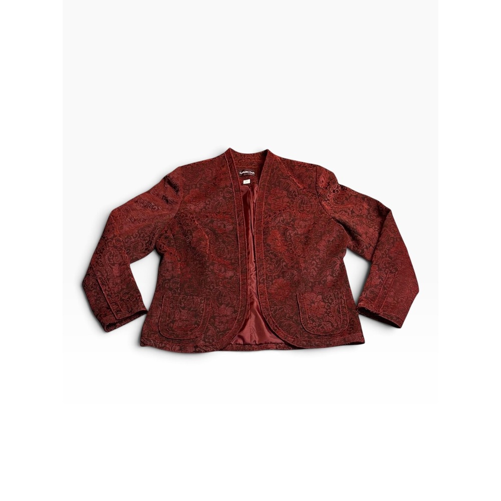 Coldwater Creek Open Front Blazer Womens L Burgundy Red Floral Paisley Tapestry